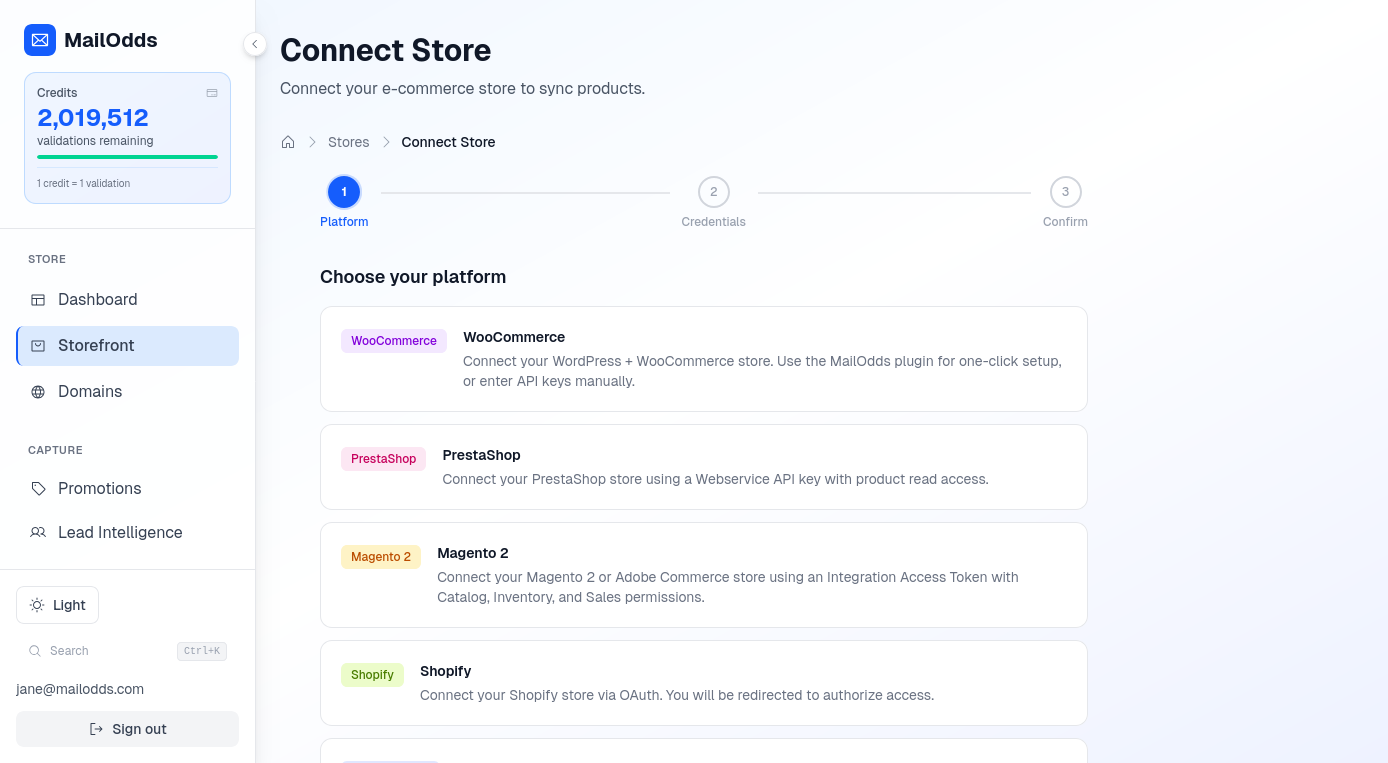 Connect Store page with WooCommerce, PrestaShop, Magento, Shopify