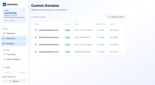 Custom domains page with 4 active storefronts