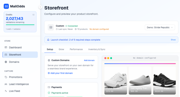 Storefront dashboard with product grid, setup wizard, and store management